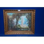 A wooden framed Oil on board of Salisbury Cathedral with figures and cattle watering,
