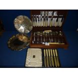 A wooden canteen of cutlery, boxed set of Deykin & Harrison butter knives,