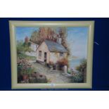 An Oil on canvas of Riverside Cottages signed H.J.F. 1949.