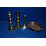 A pair of Brass candlesticks plus one, copper dish,