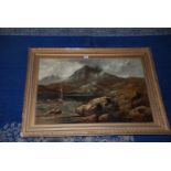 A large framed Oil of a Mountain landscape (badly damaged, as found).