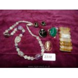 A polished Agate bracelet, brooch and studs, semi precious bead necklace etc.