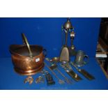 A copper and brass coal bucket and miscellaneous brass and metal items