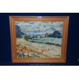 An Oil on board view of the Prescelly Mountains, Pembrokeshire, label Verso, indistinctly signed,