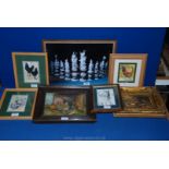 A quantity of pictures including Poultry prints and an oil on board by Sarah Hunt.