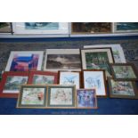 A quantity of pictures to include a pair of continental Watercolours by G.