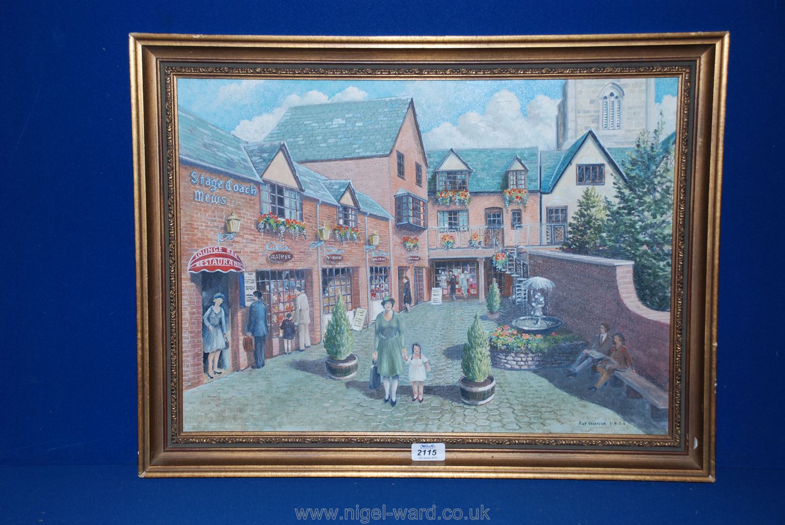 A Ray Stimpson FRSA, Oil on canvas of a picturesque summer town scene with red bricked shop fronts,