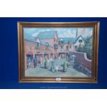 A Ray Stimpson FRSA, Oil on canvas of a picturesque summer town scene with red bricked shop fronts,