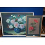 A large still life Print depicting a vase of flowers by Wilf Walker along with a Pastel drawing of
