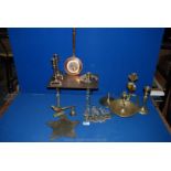 A quantity of brass including trivet, candlesticks,