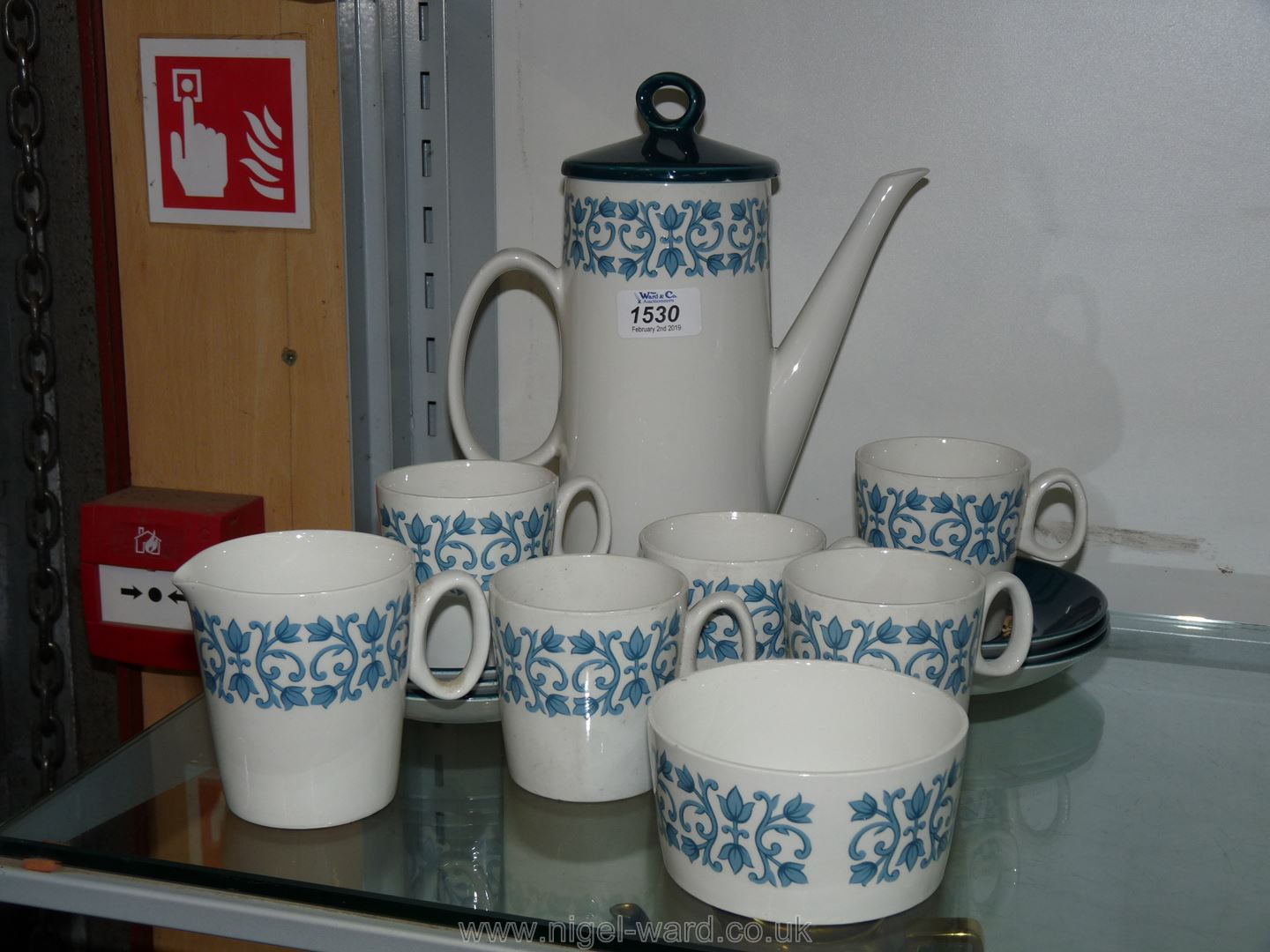 A Ridgeways part Coffee set of five cups, six saucers, coffee pot, milk jug and sugar bowl.