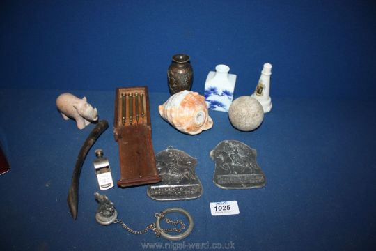 A box of miscellanea including carved shell, oriental vase, lead plaque, etc. - Image 1 of 2