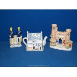 A novelty teapot and castle flatback along with a batsman flat back.