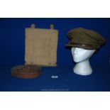 A large leather belt, an Officer's Cap and regimental document Case in Hessian,