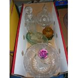 A quantity of glass including Goebel bird, square decanter, lidded bowl, fruit bowl,