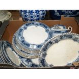 A box of flo blue and white corinth china, part dinner service including; dinner plates,