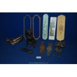 A box of miscellaneous including brass fox door knocker, pair of lion nutcrackers,