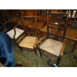 Two attractive seagrass seated Side Chairs with low arms, the back with spindle turned details.