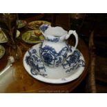 A large blue and white Shannon bedroomware jug and bowl.