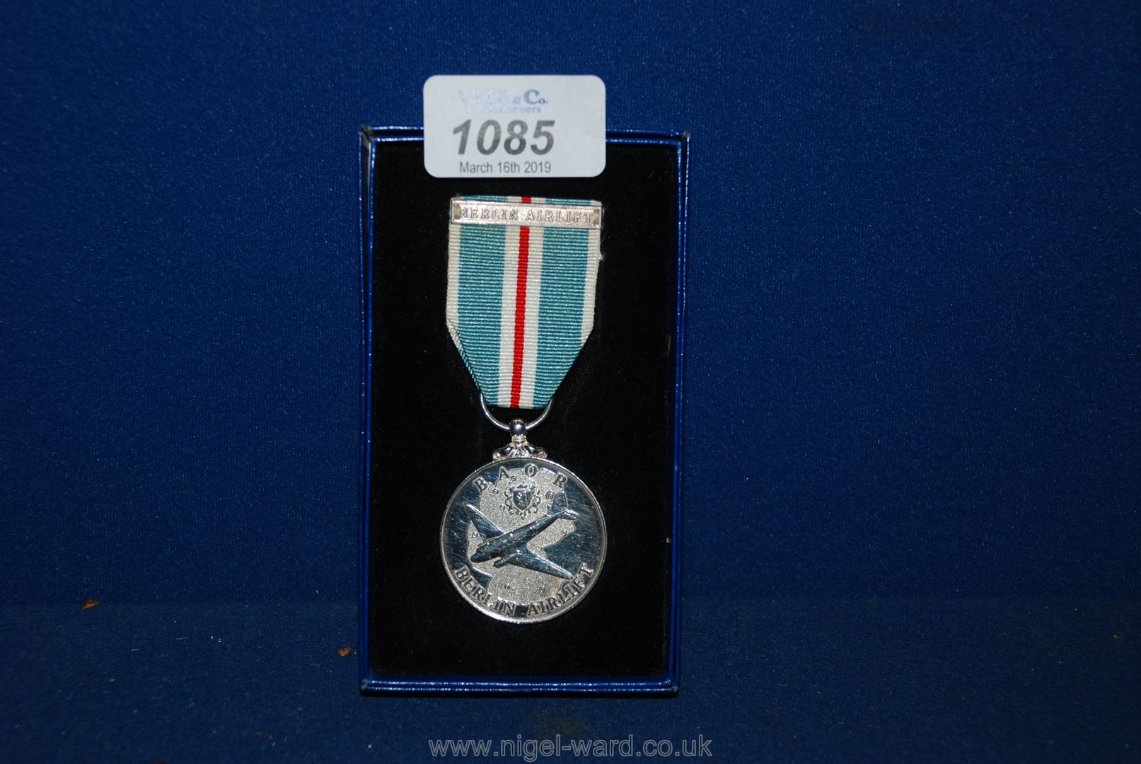 A boxed ' B.O.A.R and Berlin Airlift' medal, silver hallmarked, details around rim.