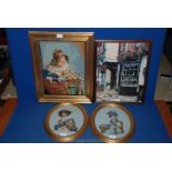 A pair of tapestry pictures and two oval tapestry portraits