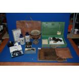 A quantity of miscellanea including green leather writing case, block plane, metal urn,