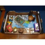 A box of miscellanea including boxed wooden thimbles, leaded lights, Matchbox, Corgi and Lledo cars,