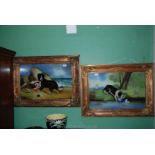 A pair of Victorian folk art naive paintings on glass of a dog rescuing a child and shipwrecked