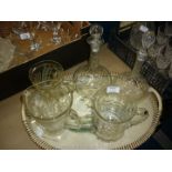 Two decanters (one a/f) and three pressed glass water jugs