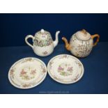 A Crown Staffordshire 'Thousand flower' teapot, another teapot and two Tsing plates.