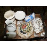 A box of miscellaneous china including a Dartmouth vase, dressing table, candlesticks, a large jug,