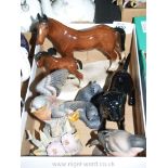 Miscellaneous china animals including a mare and foal, two birds,etc.