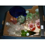 A box of mixed glass including large cobalt bowl, vases, decanter, carnival glass, etc.