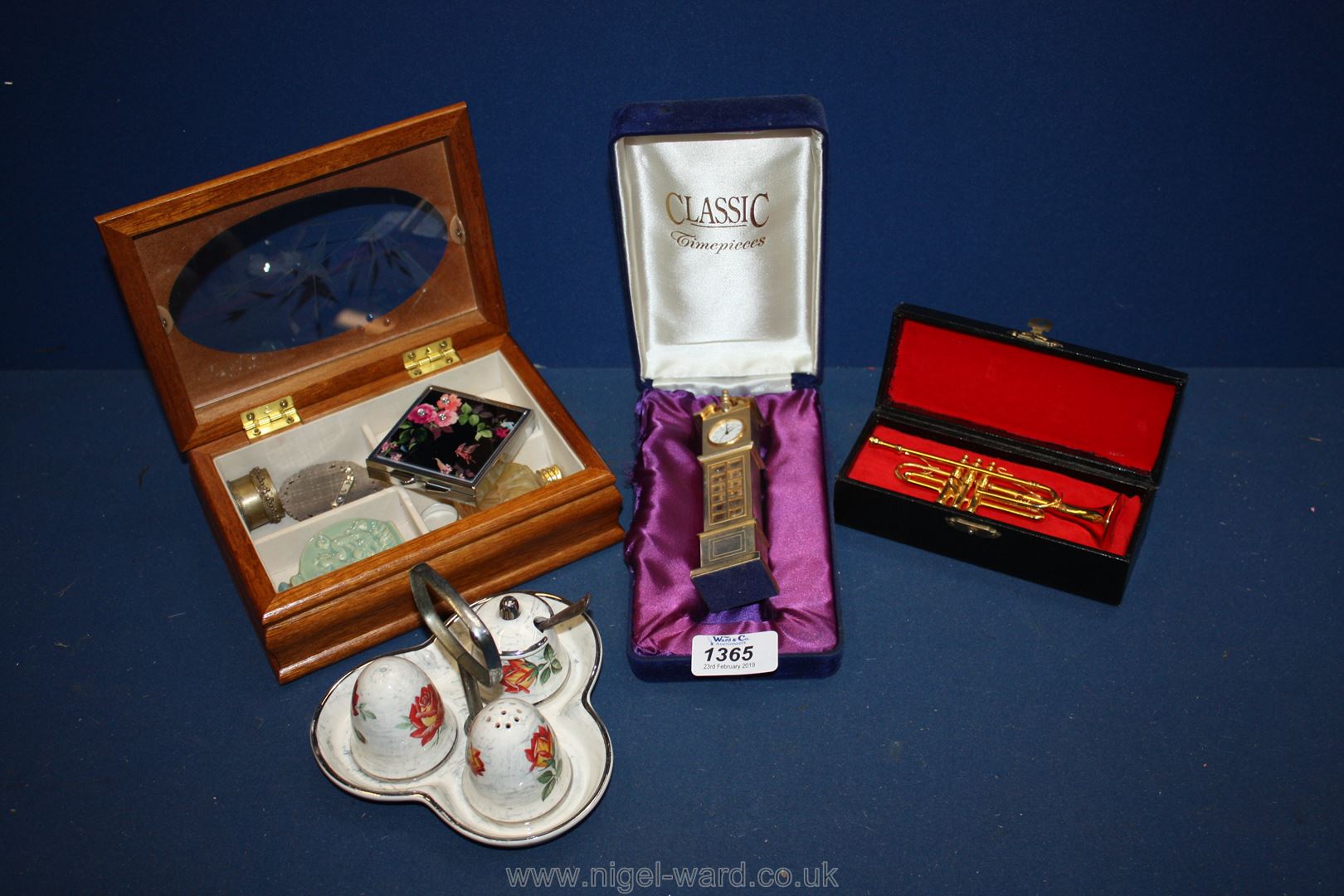 A miniature brass trombone, jewellery box and contents, Midwinter cruet set, etc.