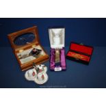 A miniature brass trombone, jewellery box and contents, Midwinter cruet set, etc.