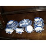 Miscellaneous old Willow blue and white china including soup bowls, sauce boat, lidded tureen, etc.