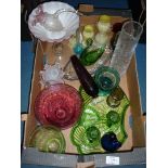 A quantity of coloured glass including a Whitefriars green swan, a small coloured basket,