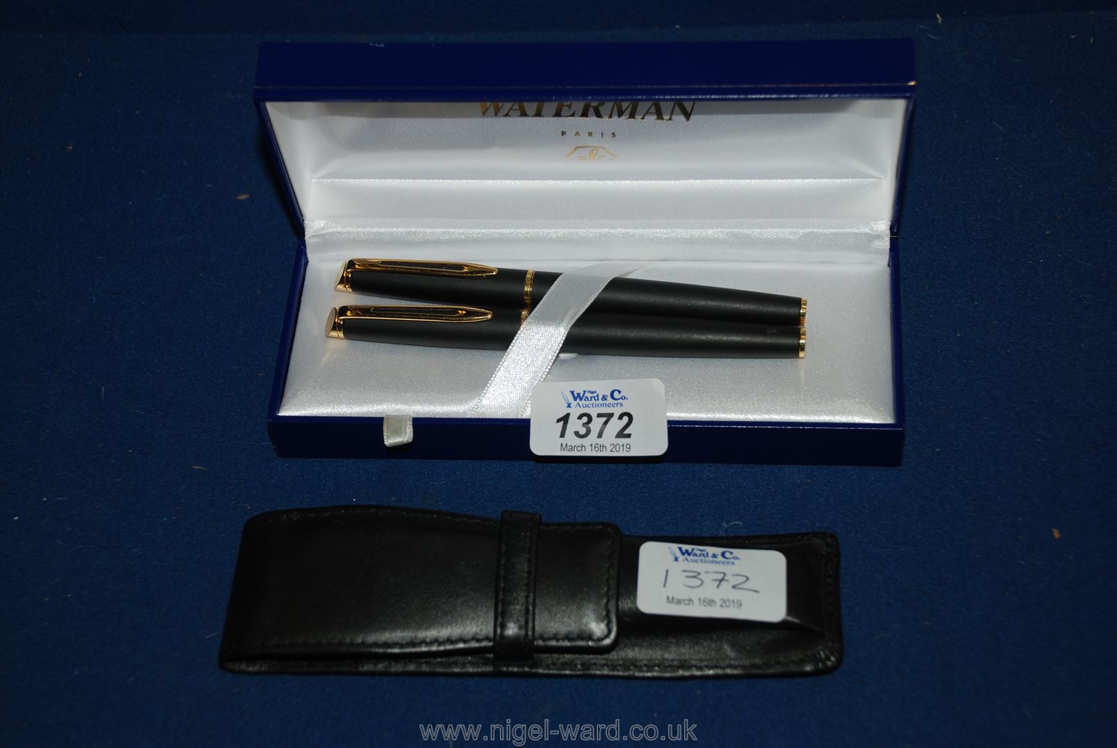 A Waterman two-pen set ( a fountain pen and ball-point pen) with leather case and original box.