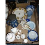 A box of china to including Aynsley 'cottage garden' jug, vase, pot, plates, etc.