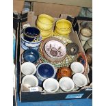 A box of pottery including; mugs, soup bowls and saucers, etc.