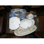 Two large lidded vegetable dishes, white with gold coloured edging,
