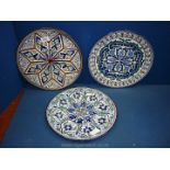 Three Tunisian blue & white Plates, hand-painted (one a/f).