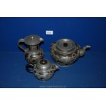 A Chinese terracotta and pewter three piece Teaset,