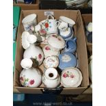 Miscellaneous china including; Jasperware small jug, lidded pot, Coalport posy vases.