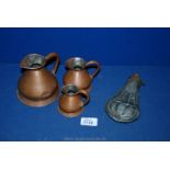 A USA civil war Powder Flask and three copper Measuring Jugs