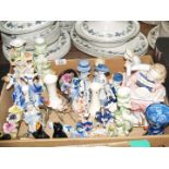 A quantity of china ornaments including; three bird pie funnels, a Maling blue floral vase,