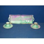 A pair of Shelley chambersticks and tray in green and mauve drip design