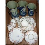 A Lawleys part Teaset and three blue and white Jugs.