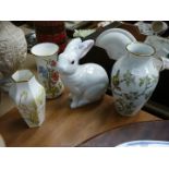 Two Wedgwood vases plus one other and a white rabbit.