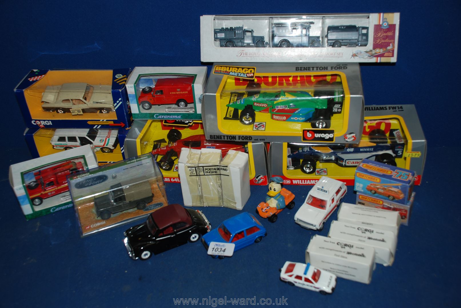 A quantity of Burago and Matchbox vehicles including; 'The Raf', Williams FW14, Bennetton Ford,